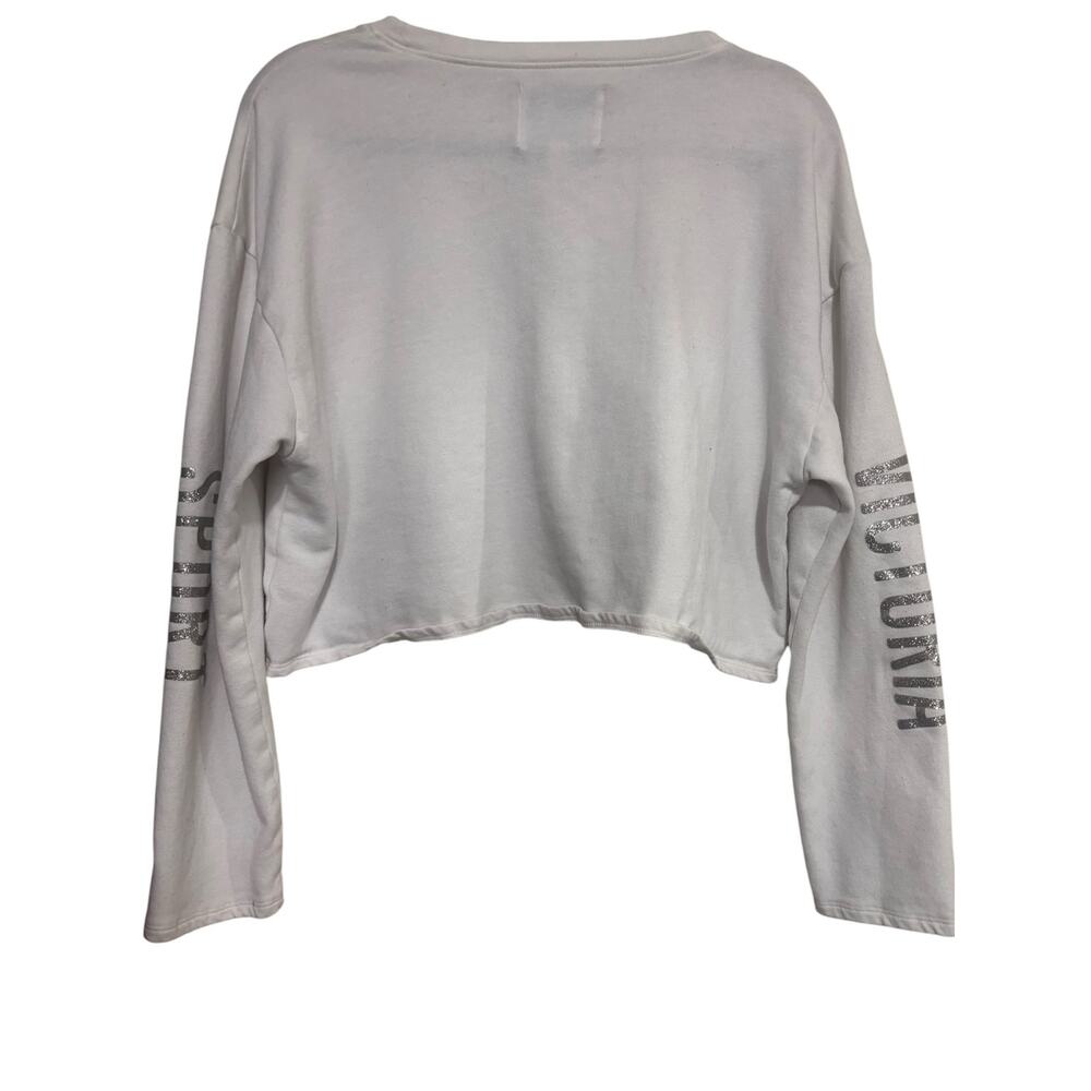 Victoria’s Secret White Cropped Crewneck Sweater | Silver Sleeve Logo | Size M